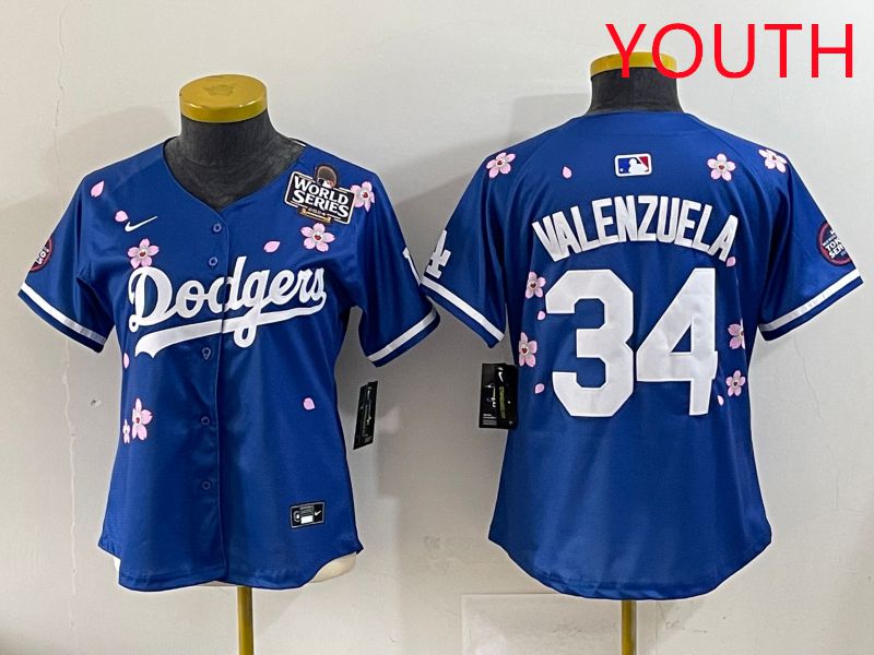 Youth Los Angeles Dodgers #34 Valenzuela Blue Sakura Edition 2025 Nike MLB Jersey style 36